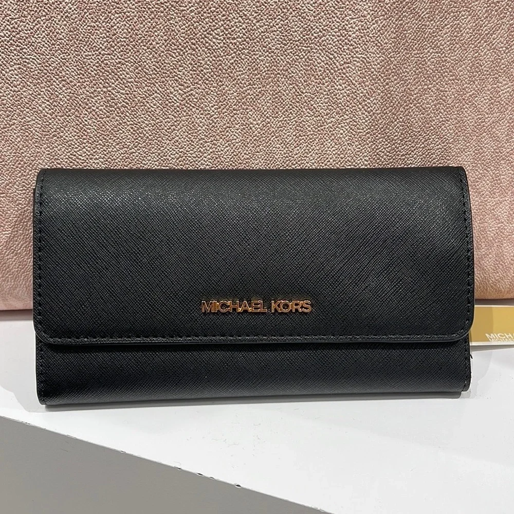 MICHAEL KORS JET SET TRAVEL LARGE TRIFOLD WALLET BLACK COLOR